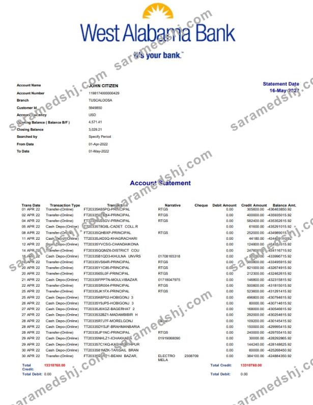 USA West Alabama bank statement